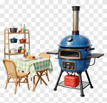 Blue Outdoor Grill With Dining Setup PNG