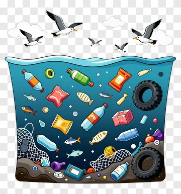 Polluted Ocean With Trash And Sea Life PNG