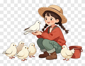 Girl Holding A White Bird With Chickens Around Her PNG