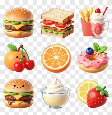 Colorful Food Icons Featuring Burgers, Fruits, And Desserts PNG