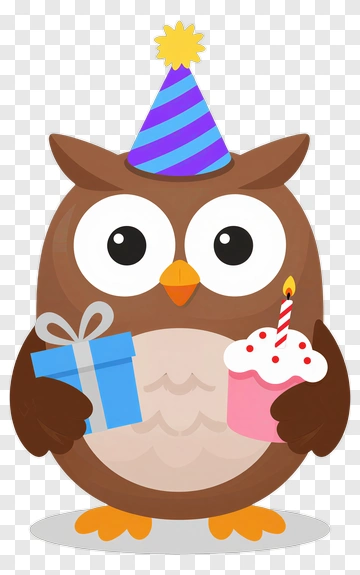 Cartoon Owl Holding A Gift And Birthday Cupcake PNG