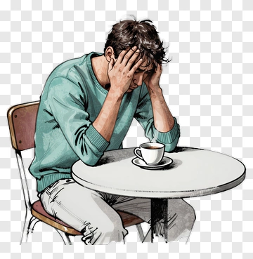 Man Sitting At Table With Coffee Looking Stressed PNG