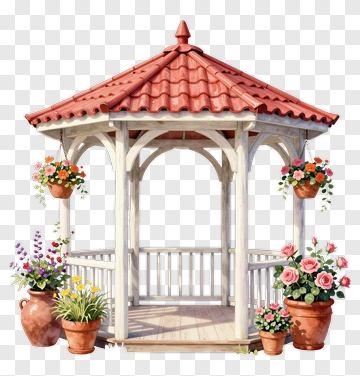 Wooden Gazebo Surrounded By Flower Pots PNG