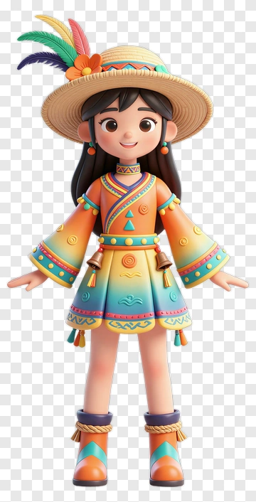 Colorful Cartoon Girl In Traditional Dress PNG