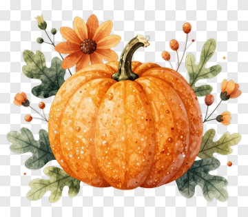 Watercolor Pumpkin Surrounded By Flowers And Leaves PNG