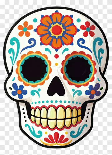 Colorful Sugar Skull With Floral Designs PNG