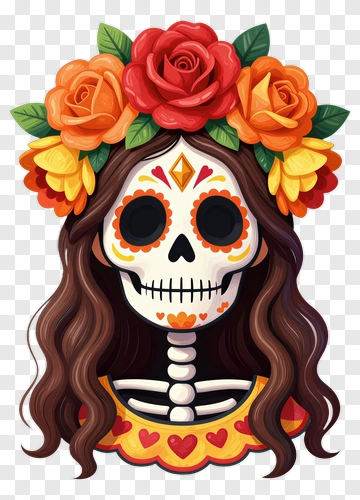 Colorful Sugar Skull With Flowers PNG