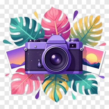 Colorful Camera Surrounded By Tropical Leaves PNG