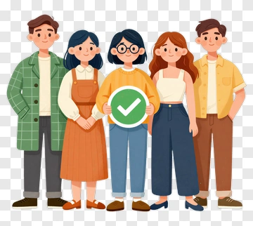 Cartoon Group Of Friends Holding A Checkmark PNG