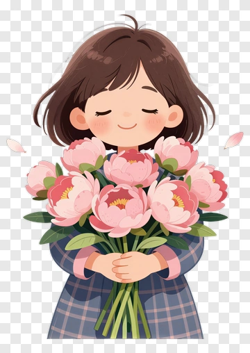 Girl Holding A Bouquet Of Pink Flowers PNG