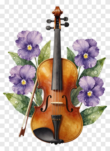 Violin Surrounded By Purple Pansies PNG