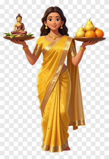 Woman In Yellow Saree Holding Offerings PNG