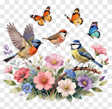 Colorful Birds Among Flowers And Butterflies PNG