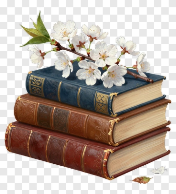 Stack Of Books With Cherry Blossom Branch PNG