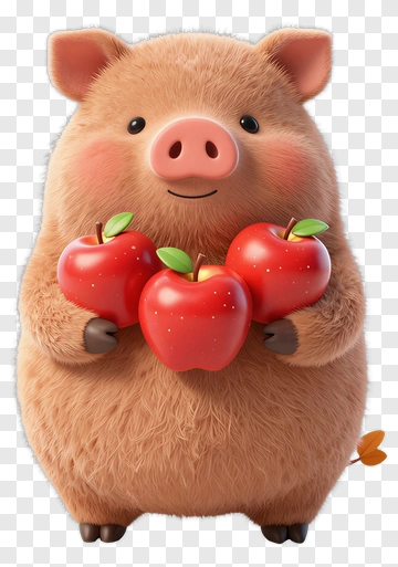 Cute Cartoon Pig Holding Three Red Apples PNG