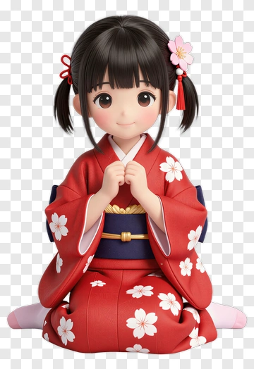 3D Girl In Red Kimono With Cherry Blossom Design PNG