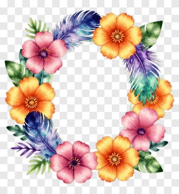 Colorful Floral Wreath With Feathers PNG