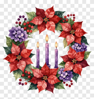 Christmas Wreath With Poinsettias And Candles PNG
