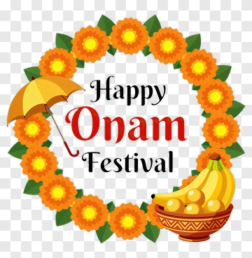 Happy Onam Festival Floral Wreath With Bananas PNG