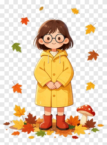 Cartoon Girl In Yellow Raincoat Surrounded By Autumn Leaves PNG