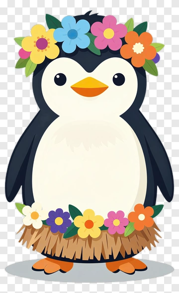 Cartoon Penguin Wearing A Flower Lei PNG