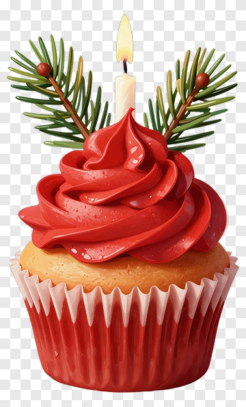 Christmas Cupcake With Candle And Pine Branches PNG