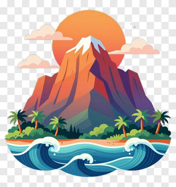 Colorful Mountain Landscape With Ocean Waves PNG