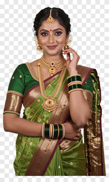 Woman In Traditional Green Saree With Jewelry PNG
