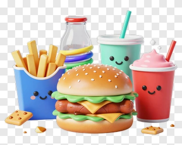 Cartoon Fast Food Meal With Happy Faces PNG