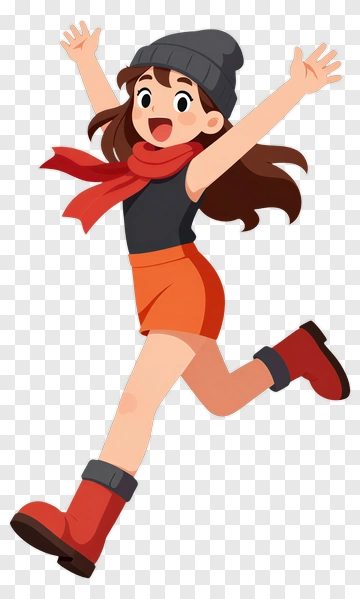 Cartoon Girl Jumping In Red Scarf And Boots PNG
