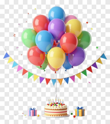 Colorful Birthday Cake With Balloons And Presents PNG