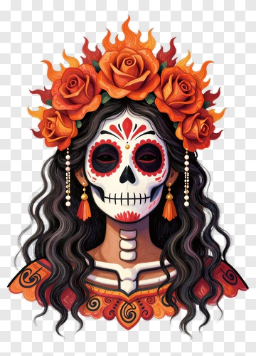 Colorful Sugar Skull Woman With Roses PNG
