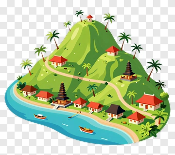 Tropical Island With Houses And Palm Trees PNG