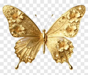 Golden Butterfly With Floral Accents PNG
