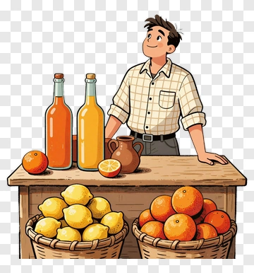 Fruit Stand Vendor With Lemonade And Oranges PNG