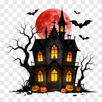 Haunted House With Pumpkins And Bats PNG