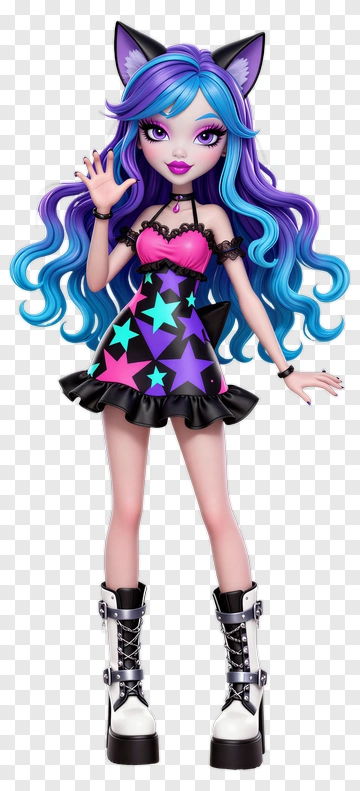 Stylish Doll With Colorful Hair And Starry Dress PNG
