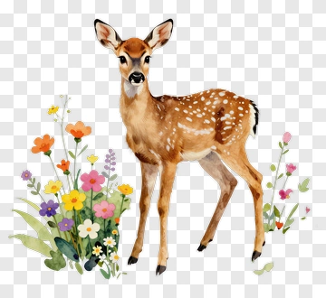 Fawn Standing Among Colorful Flowers PNG