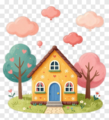 Cartoon House Surrounded By Colorful Trees And Clouds PNG