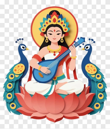 Goddess Playing Veena Surrounded By Peacocks PNG