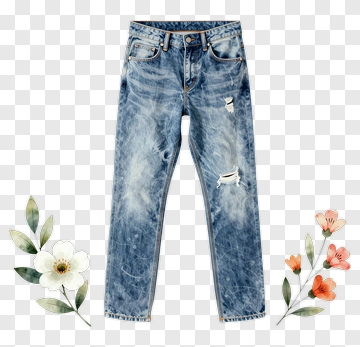 Distressed Denim Jeans With Floral Accents PNG