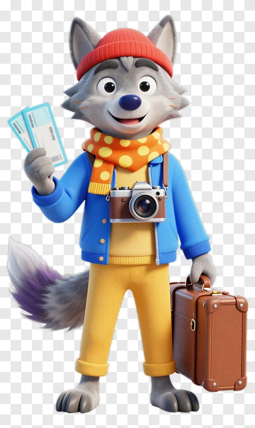 Cartoon Wolf Holding Travel Tickets And Camera PNG