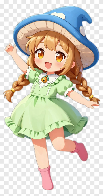 Happy Girl In A Green Dress And Blue Hat PNG