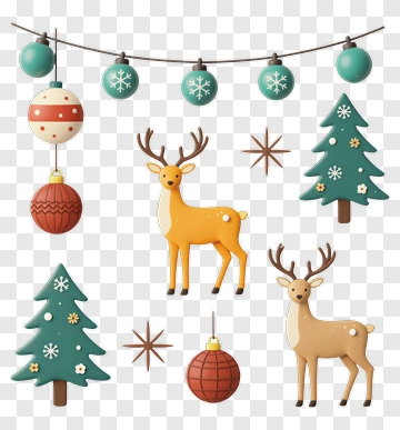 Christmas Decorations With Reindeer And Trees PNG