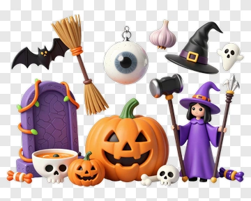 Halloween Witch With Pumpkin And Spooky Decorations PNG