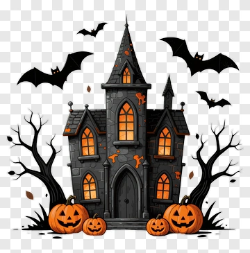 Halloween Haunted House With Pumpkins And Bats PNG