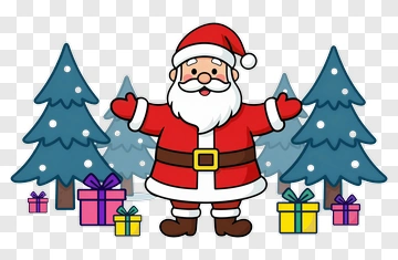 Cartoon Santa Claus With Christmas Gifts And Trees PNG