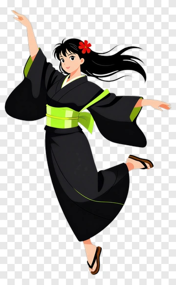 Cartoon Girl In A Black Kimono With Green Belt PNG