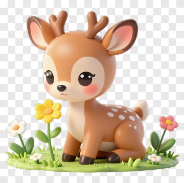 Cute Cartoon Deer Sitting Among Flowers PNG