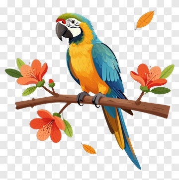 Colorful Parrot Sitting On A Branch With Flowers PNG